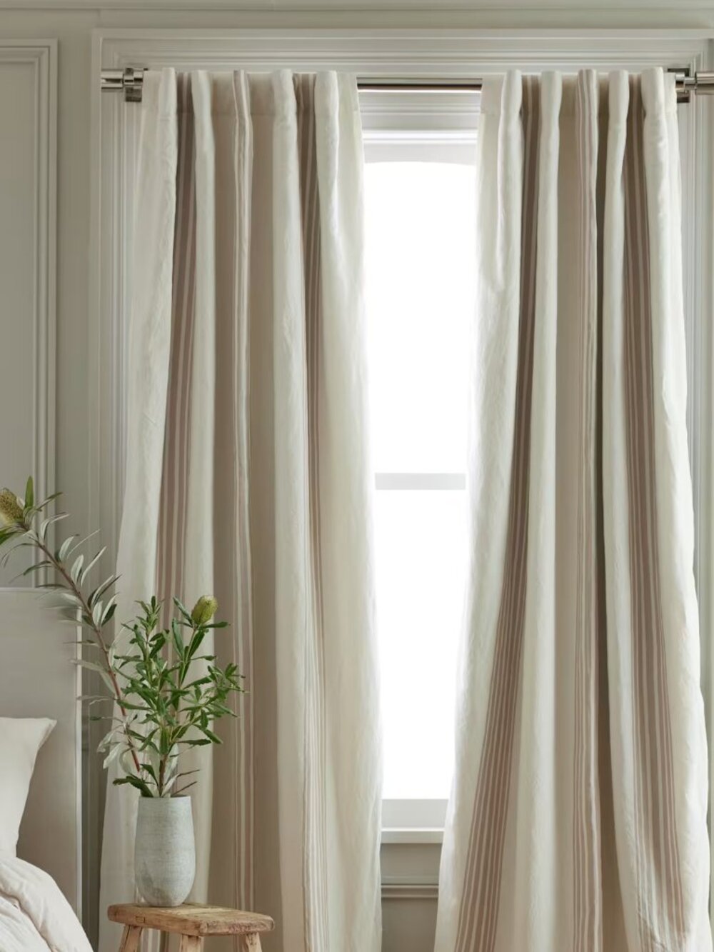 Quince Coastal Stripe Linen Cotton Room Darkening Curtain Ivory Natural 48x96